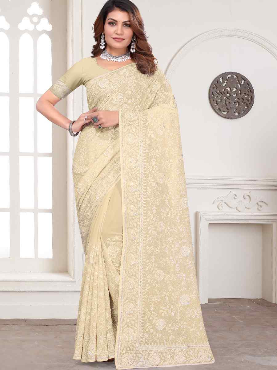 Off-White Georgette Embroidered Festival Wedding Fancy Heavy Border Saree