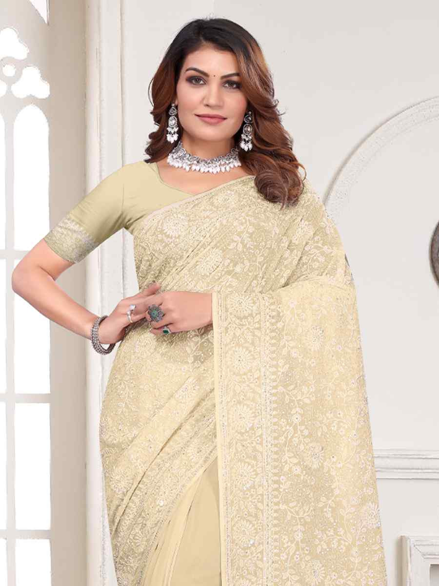 Off-White Georgette Embroidered Festival Wedding Fancy Heavy Border Saree