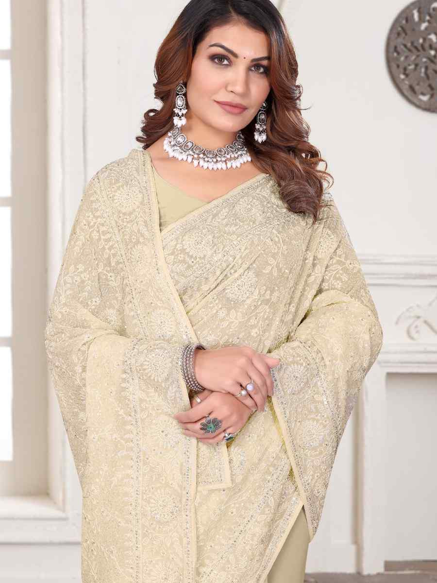 Off-White Georgette Embroidered Festival Wedding Fancy Heavy Border Saree