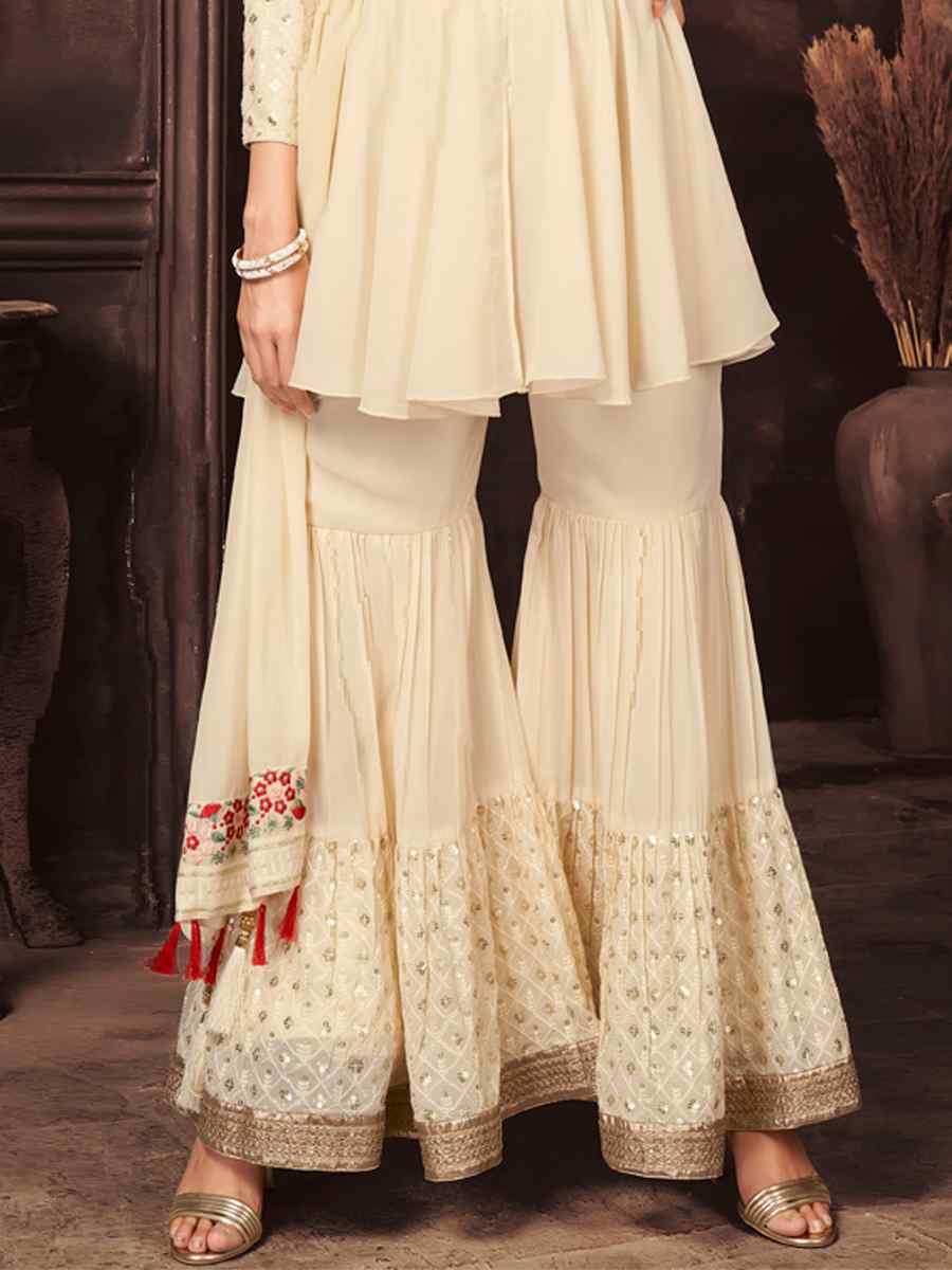 Off White Georgette Embroidered Party Engagement Sharara Pant Salwar Kameez