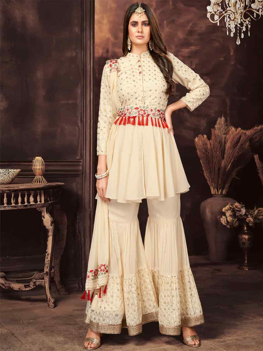Off White Georgette Embroidered Party Engagement Sharara Pant Salwar Kameez