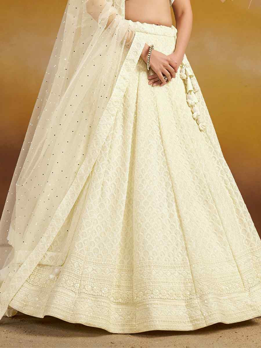 Off-White Georgette Embroidered Reception Wedding Heavy Border Lehenga Choli