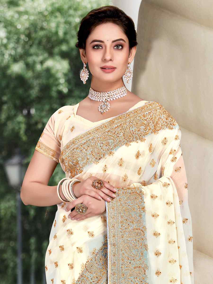 Off White Georgette Embroidered Wedding Festival Heavy Border Saree