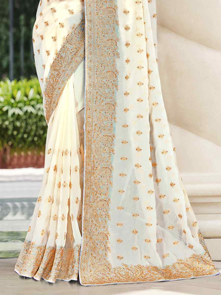 Off White Georgette Embroidered Wedding Festival Heavy Border Saree