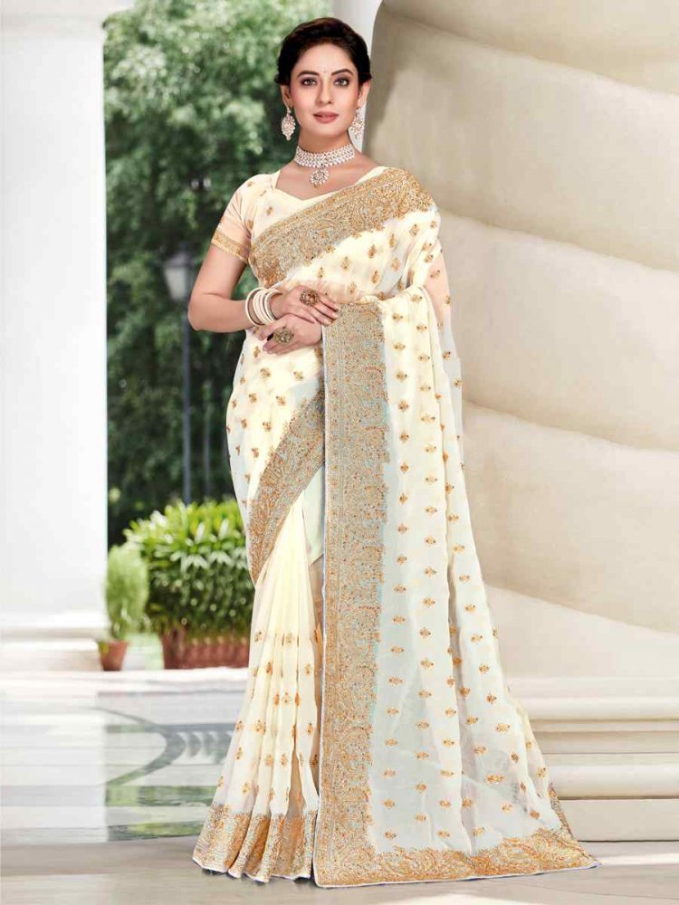 Off White Georgette Embroidered Wedding Festival Heavy Border Saree