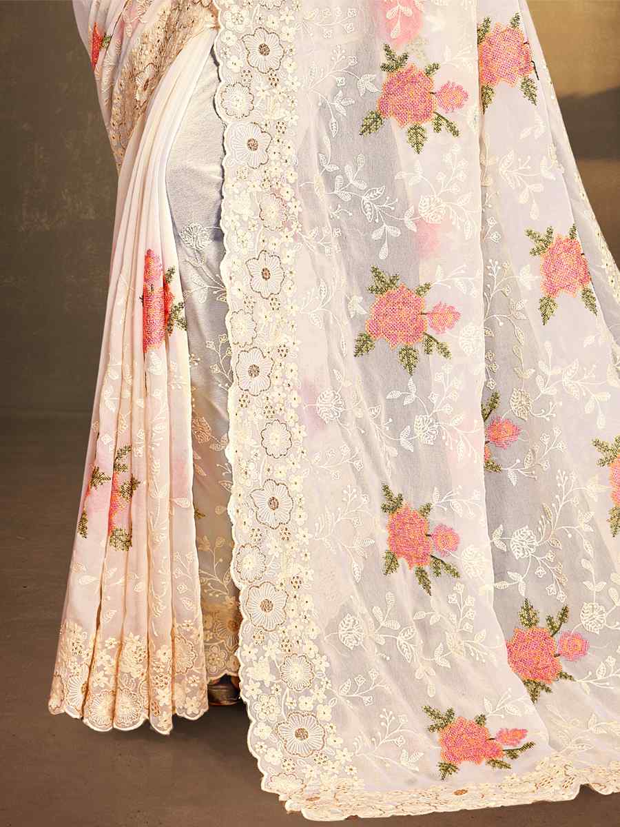 Off White Georgette Embroidered Wedding Party Heavy Border Saree