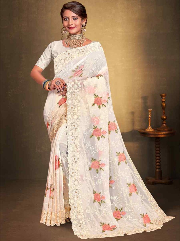Off White Georgette Embroidered Wedding Party Heavy Border Saree