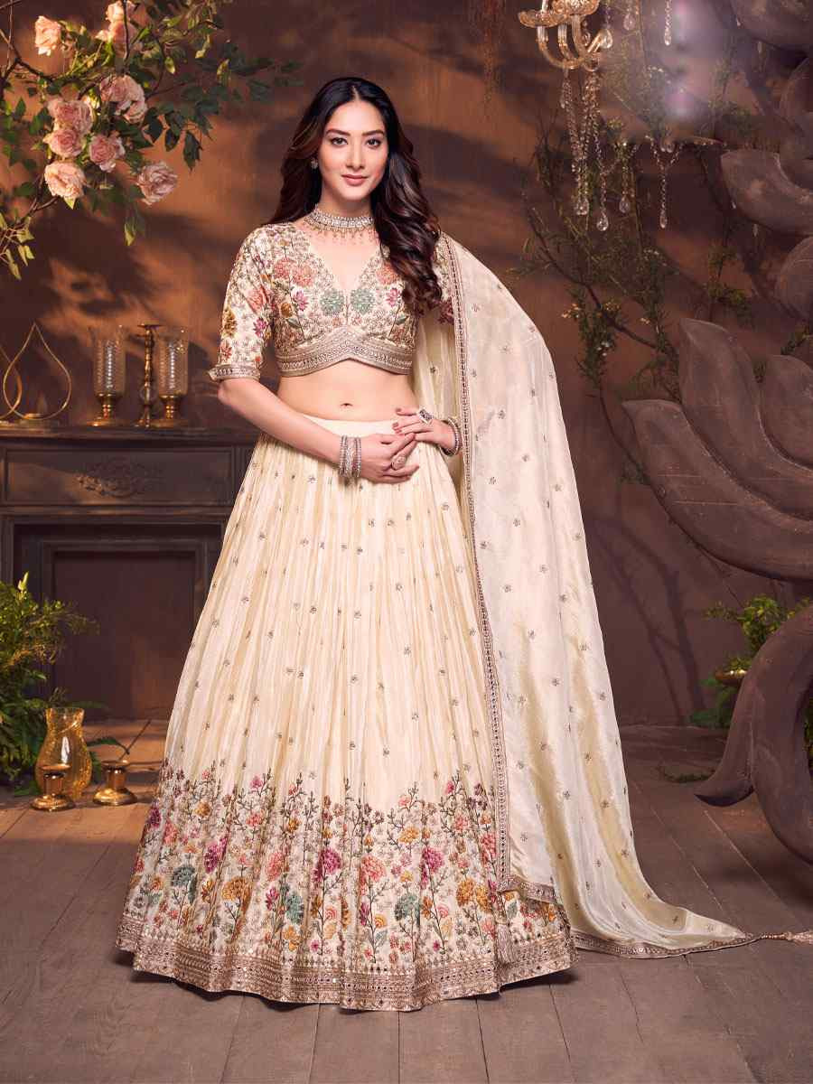 Off-White Georgette Embroidered Wedding Reception Festival Ready Heavy Border Lehenga Choli