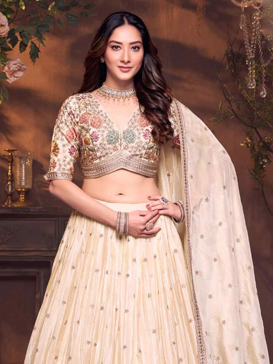 Off-White Georgette Embroidered Wedding Reception Festival Ready Heavy Border Lehenga Choli