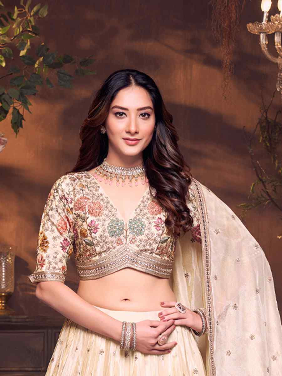 Off-White Georgette Embroidered Wedding Reception Festival Ready Heavy Border Lehenga Choli