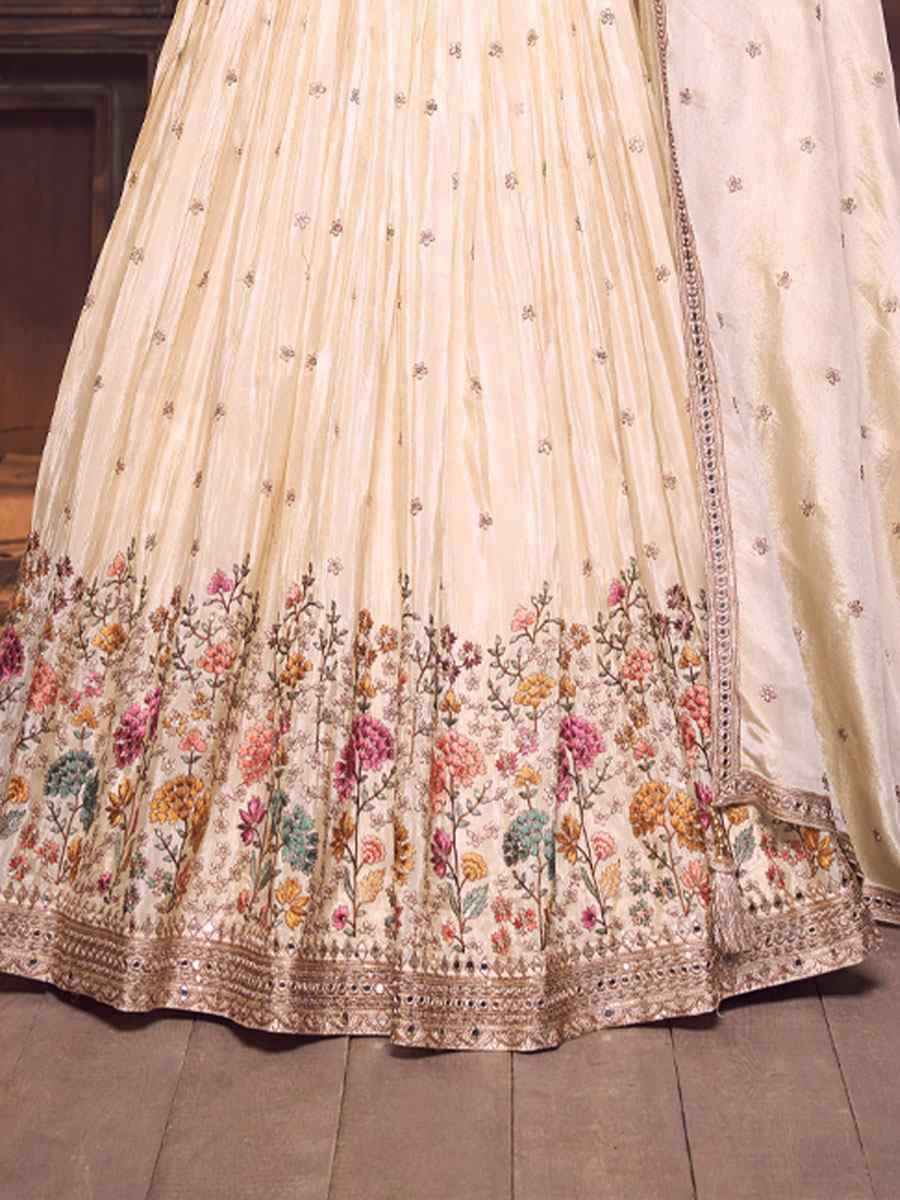 Off-White Georgette Embroidered Wedding Reception Festival Ready Heavy Border Lehenga Choli