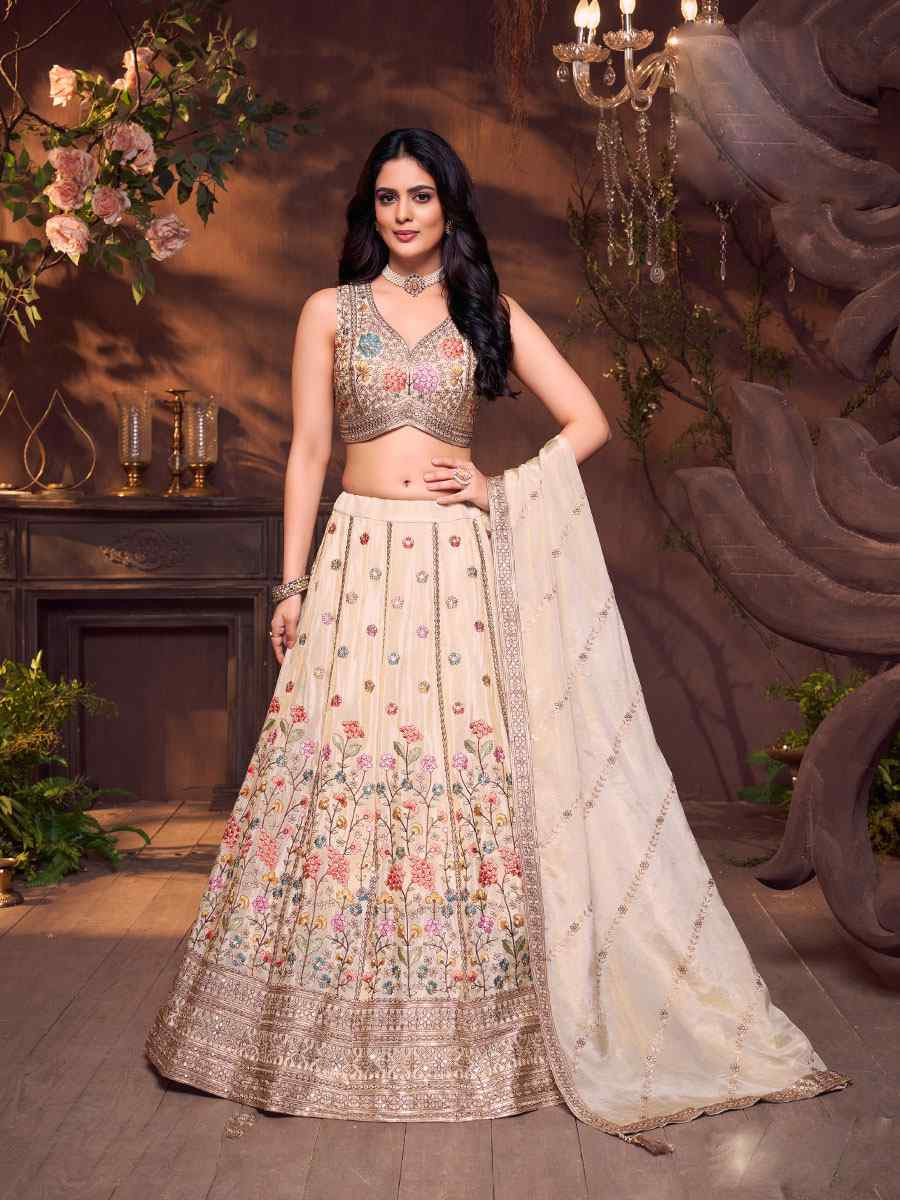 Off-White Georgette Embroidered Wedding Reception Festival Ready Heavy Border Lehenga Choli