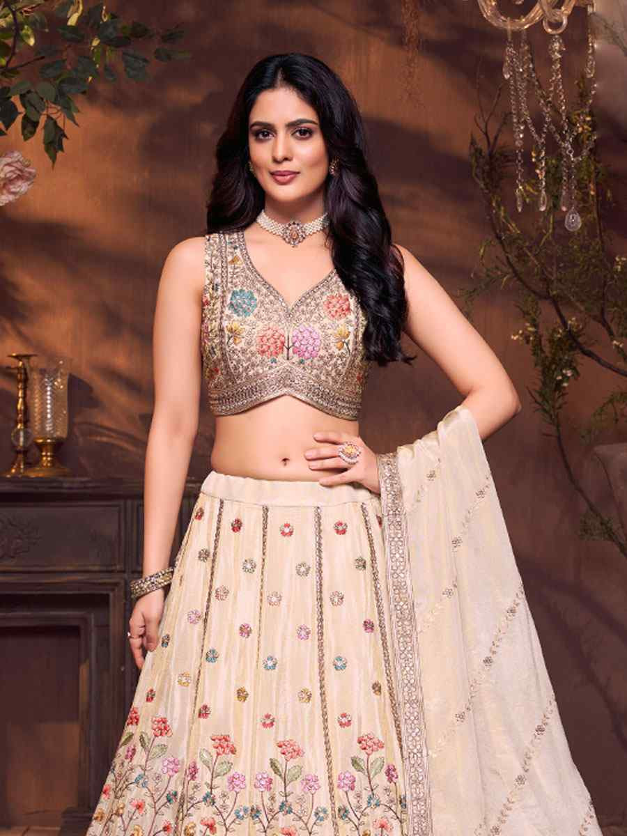 Off-White Georgette Embroidered Wedding Reception Festival Ready Heavy Border Lehenga Choli
