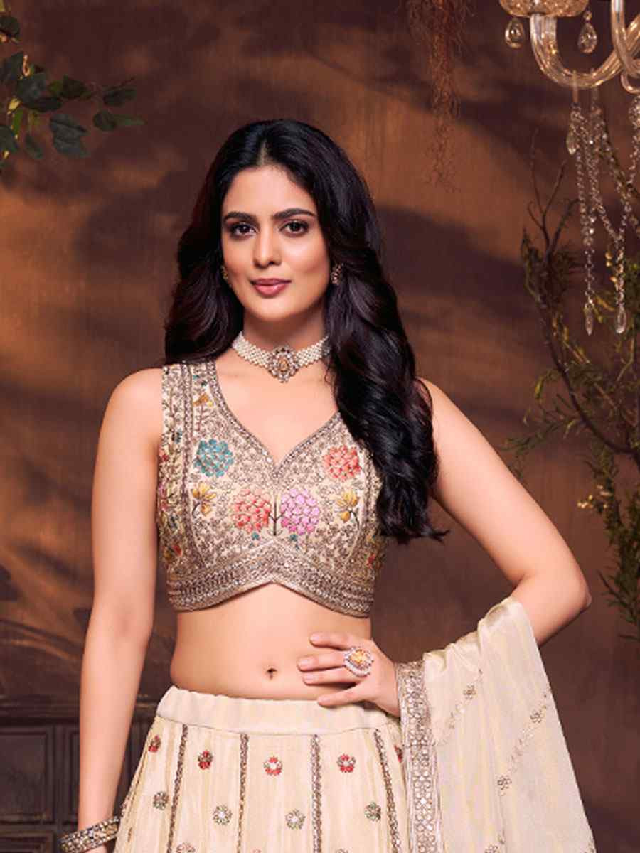 Off-White Georgette Embroidered Wedding Reception Festival Ready Heavy Border Lehenga Choli