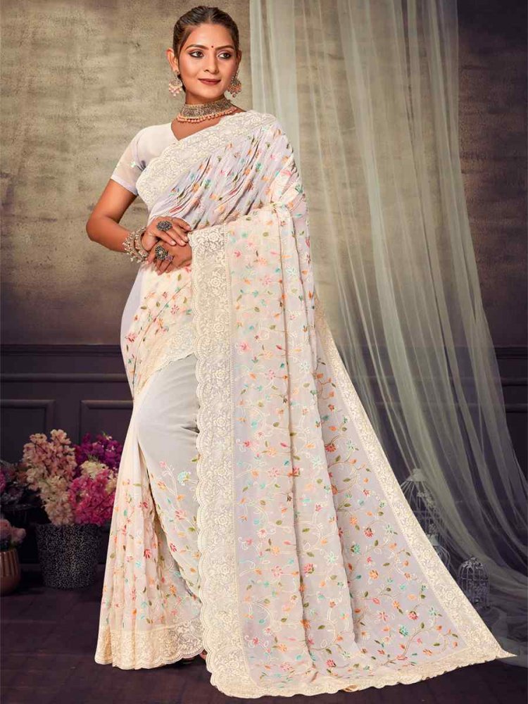 Off White Georgette Embroidered Wedding Reception Heavy Border Saree