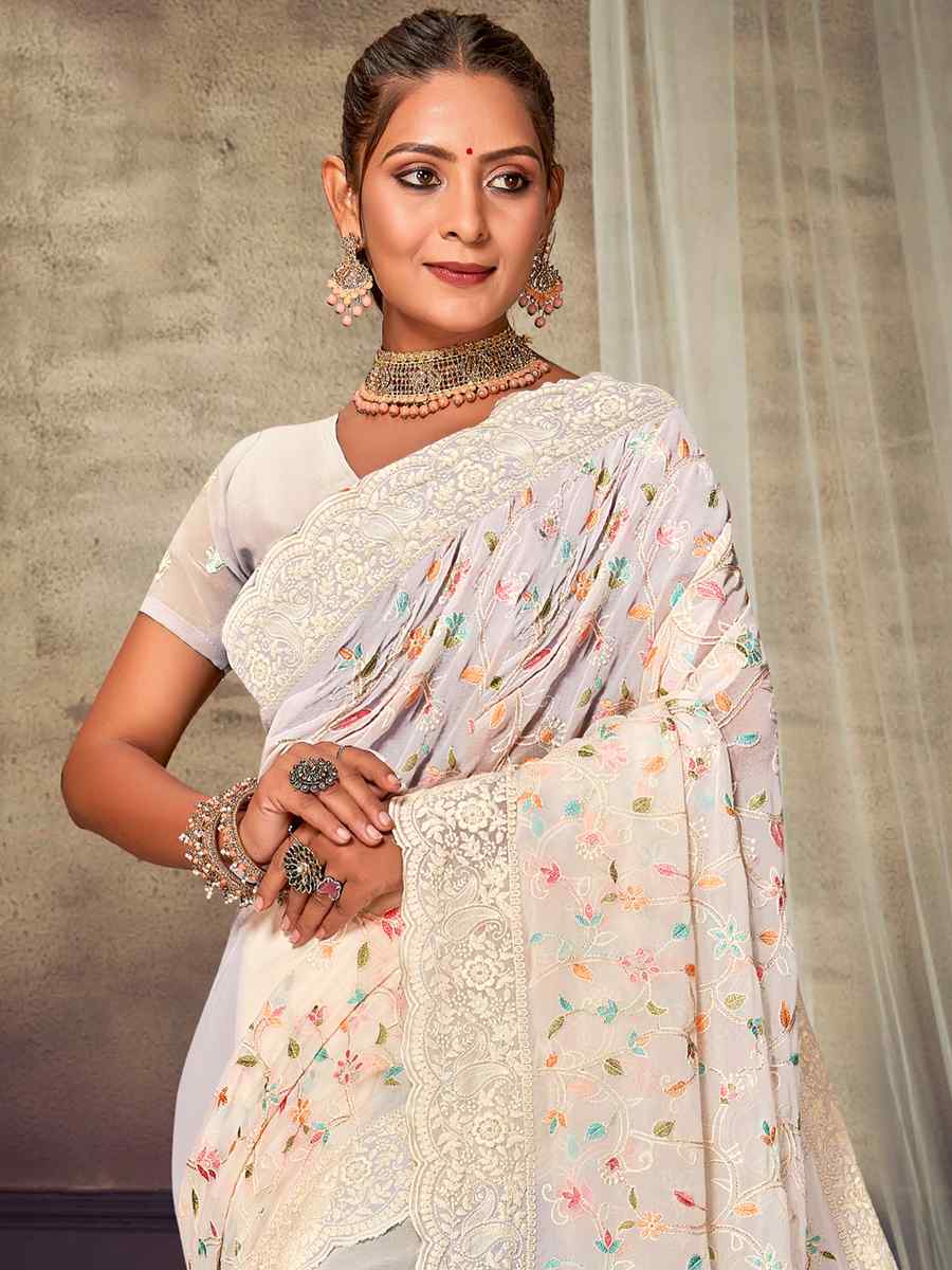 Off White Georgette Embroidered Wedding Reception Heavy Border Saree