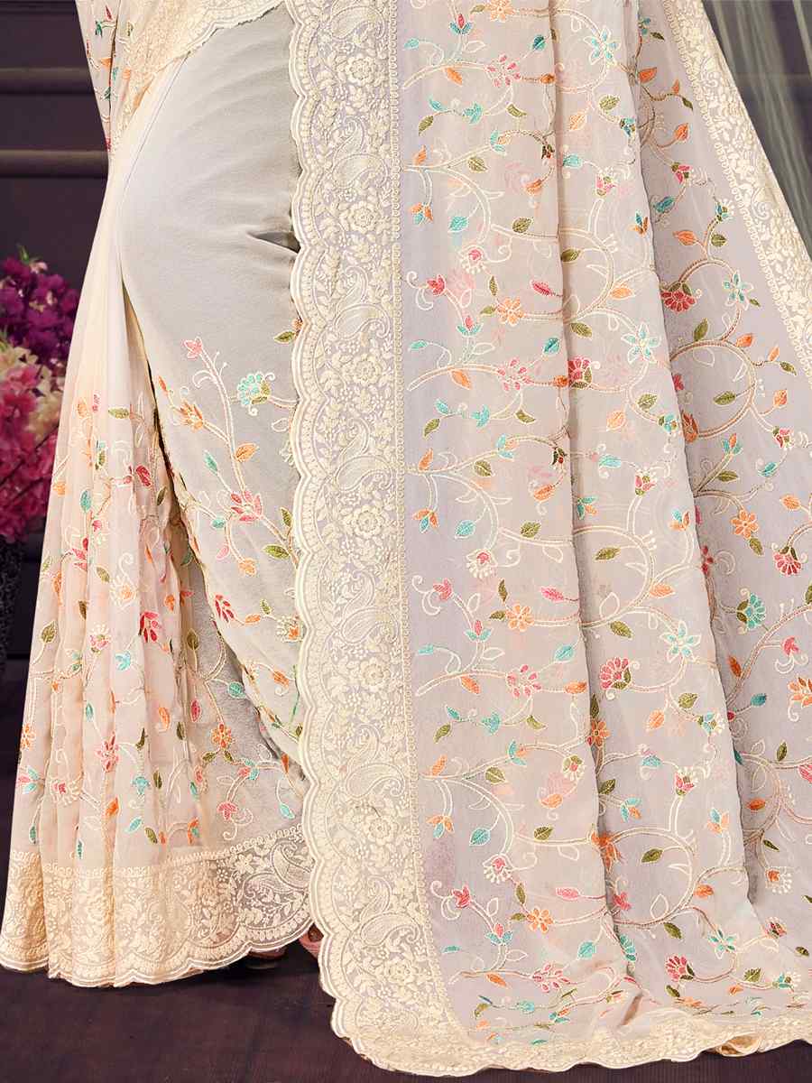 Off White Georgette Embroidered Wedding Reception Heavy Border Saree