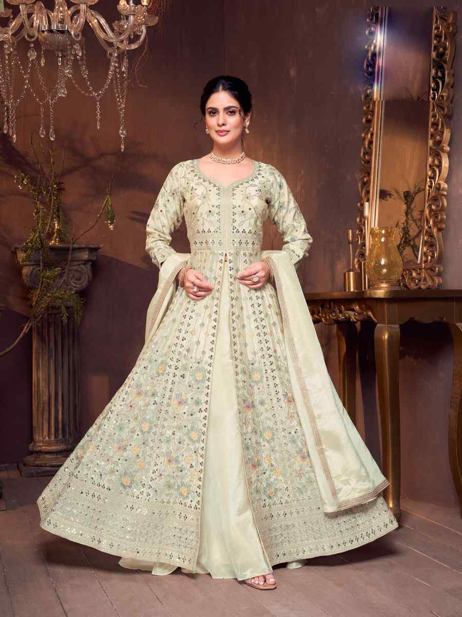 Off-White Georgette Embroidery Party Wedding Festival Casual Ready Anarkali Salwar Kameez