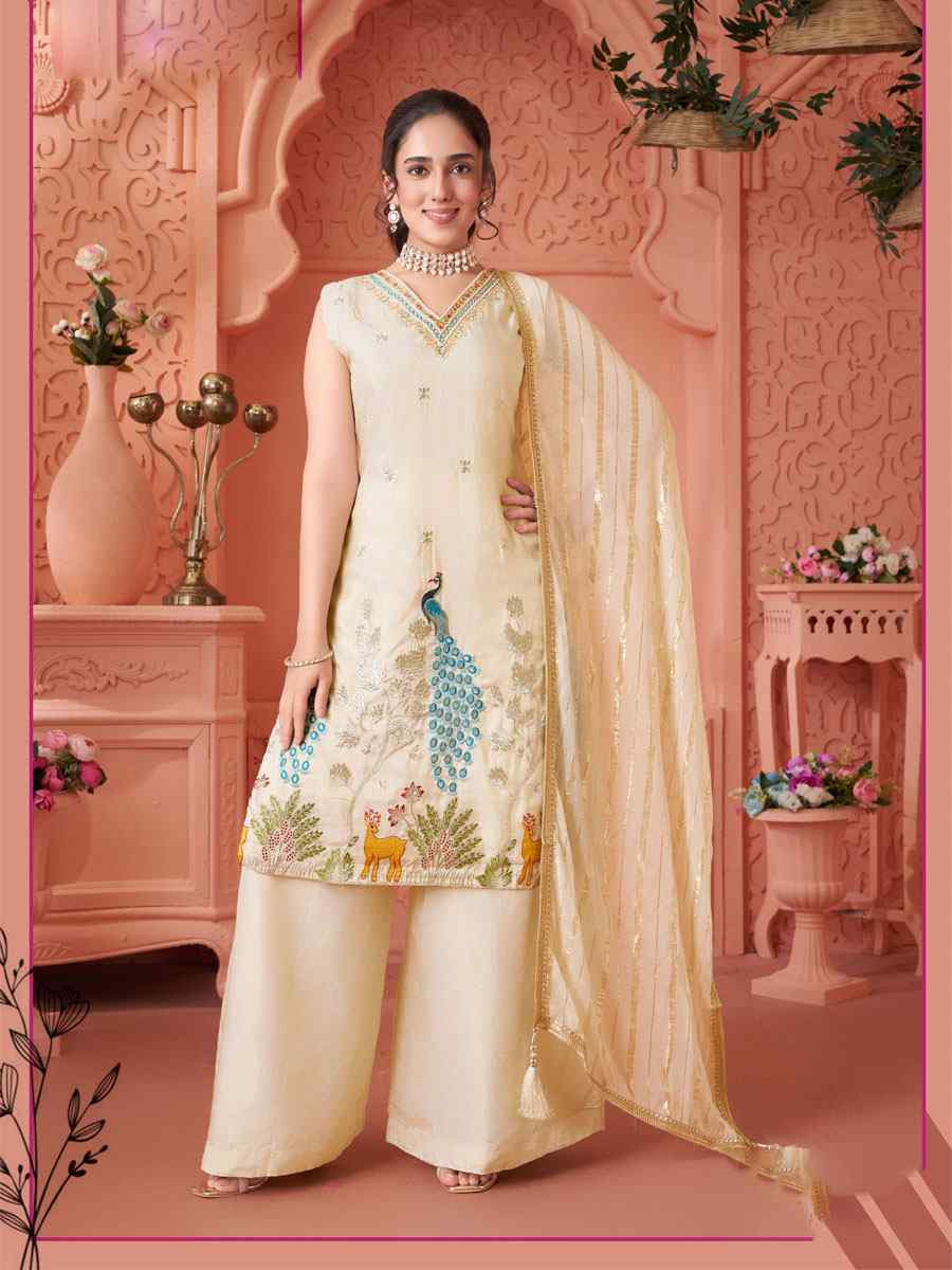 Off-White Georgette Embroidery Party Wedding Festival Casual Ready Palazzo Pant Salwar Kameez