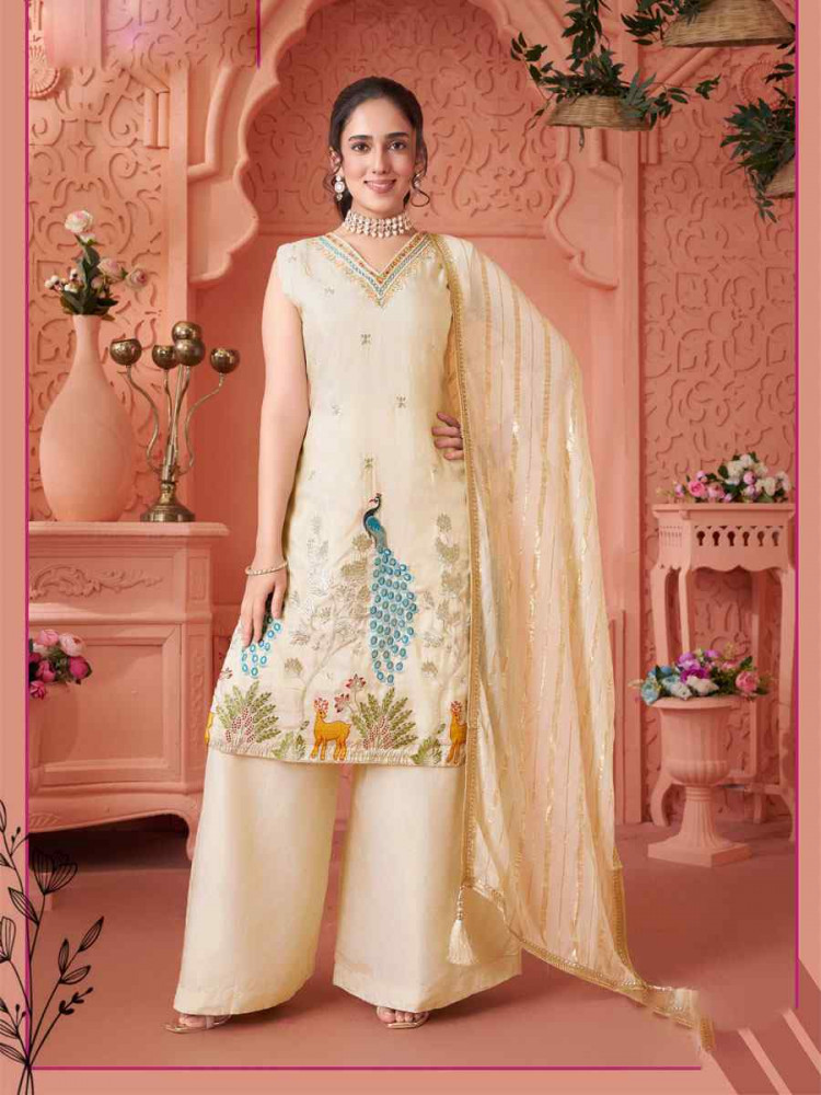 Image of Off-White Georgette Embroidery Party Wedding Festival Casual Ready Palazzo Pant Salwar Kameez