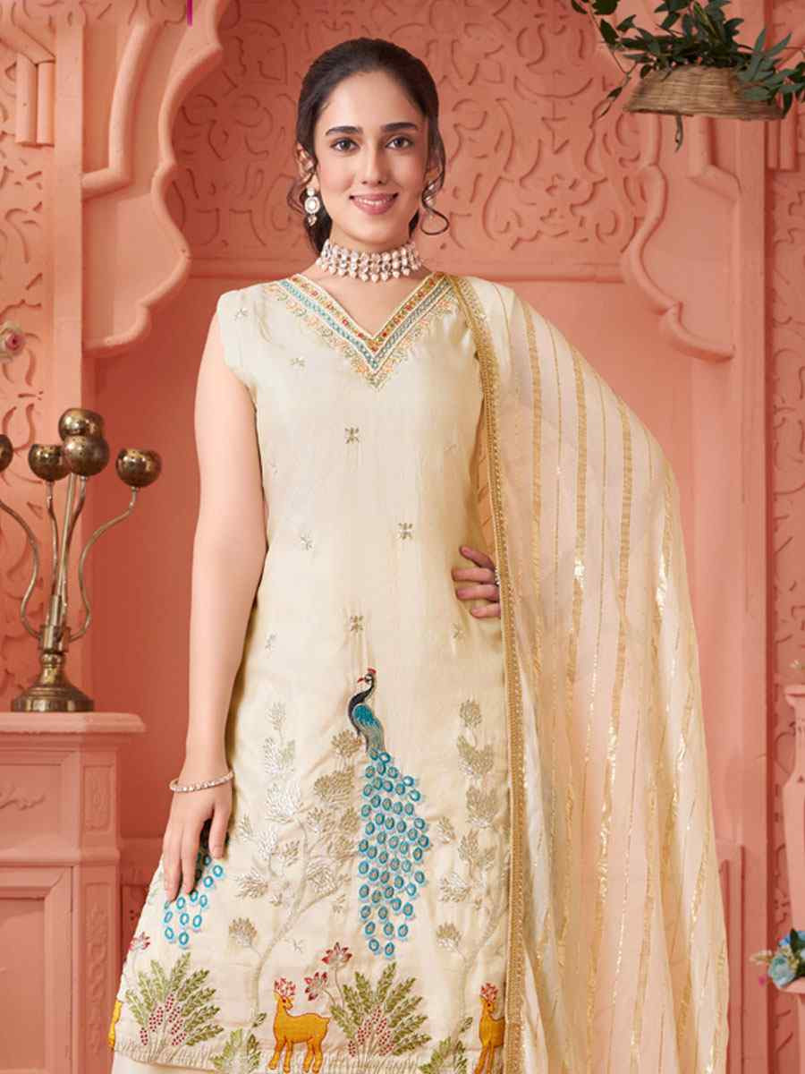 Off-White Georgette Embroidery Party Wedding Festival Casual Ready Palazzo Pant Salwar Kameez