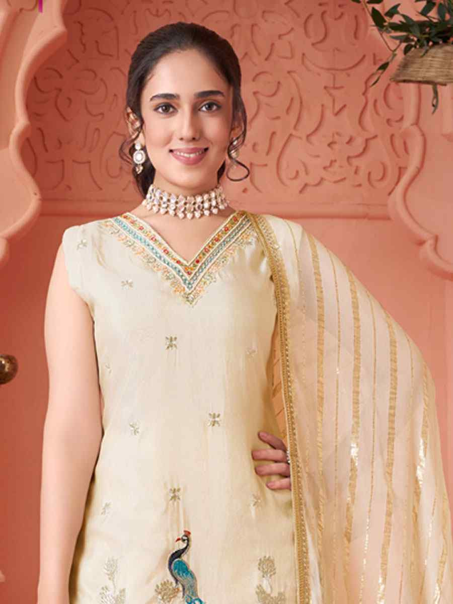 Off-White Georgette Embroidery Party Wedding Festival Casual Ready Palazzo Pant Salwar Kameez