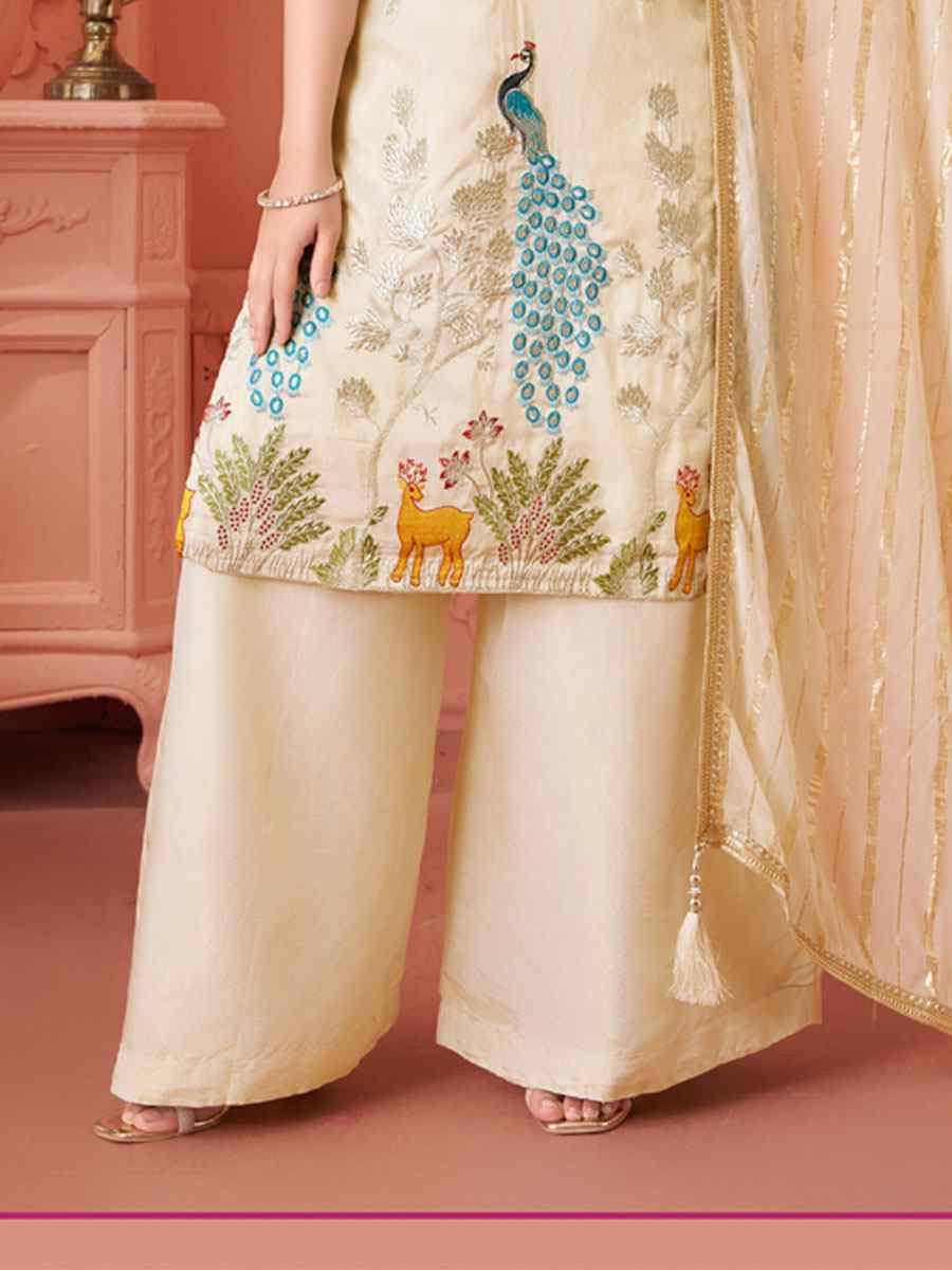 Off-White Georgette Embroidery Party Wedding Festival Casual Ready Palazzo Pant Salwar Kameez