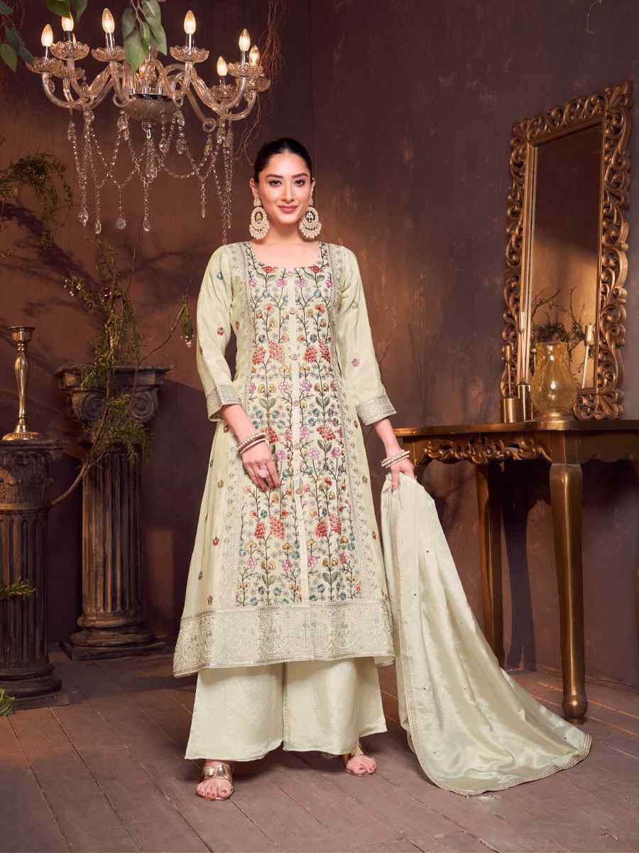Off-White Georgette Embroidery Party Wedding Festival Casual Ready Palazzo Pant Salwar Kameez