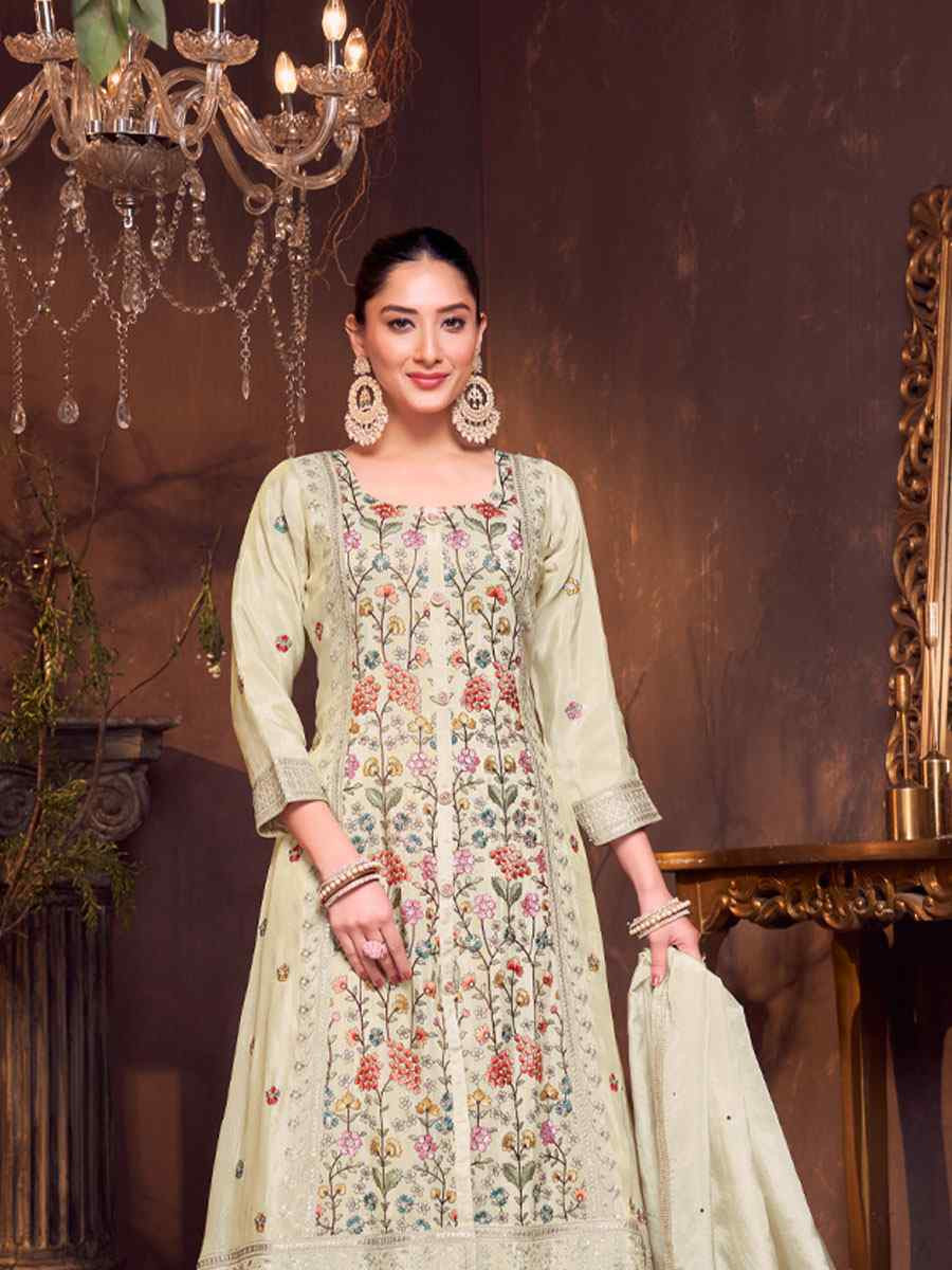 Off-White Georgette Embroidery Party Wedding Festival Casual Ready Palazzo Pant Salwar Kameez