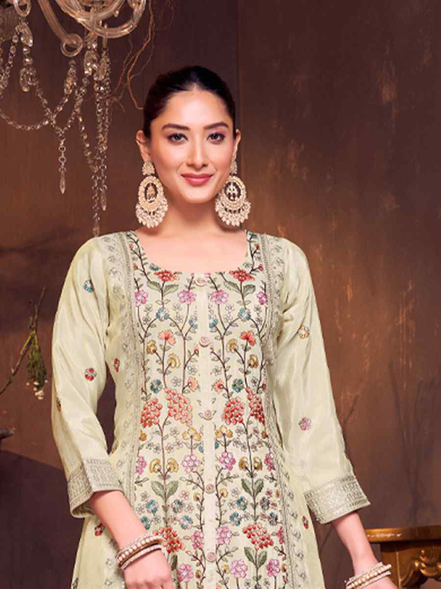 Off-White Georgette Embroidery Party Wedding Festival Casual Ready Palazzo Pant Salwar Kameez