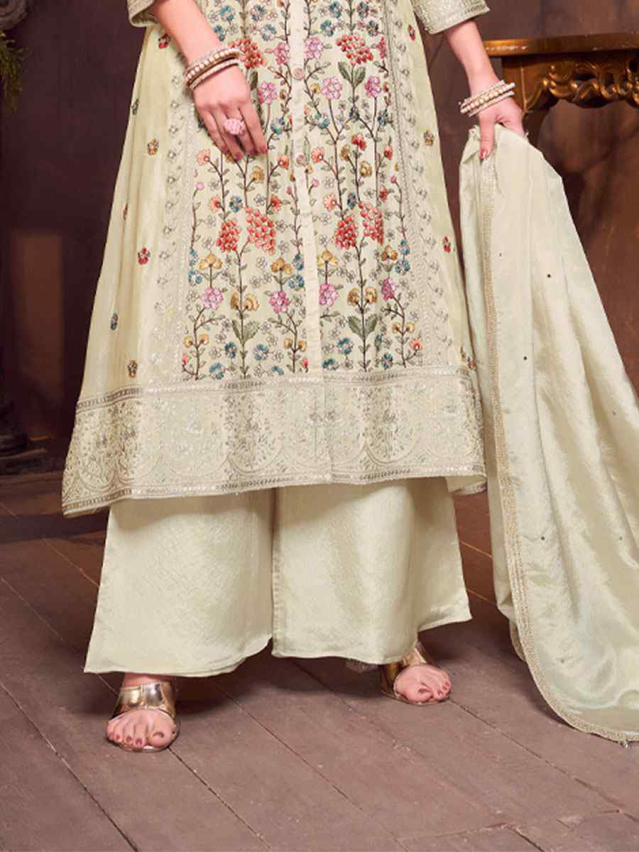 Off-White Georgette Embroidery Party Wedding Festival Casual Ready Palazzo Pant Salwar Kameez