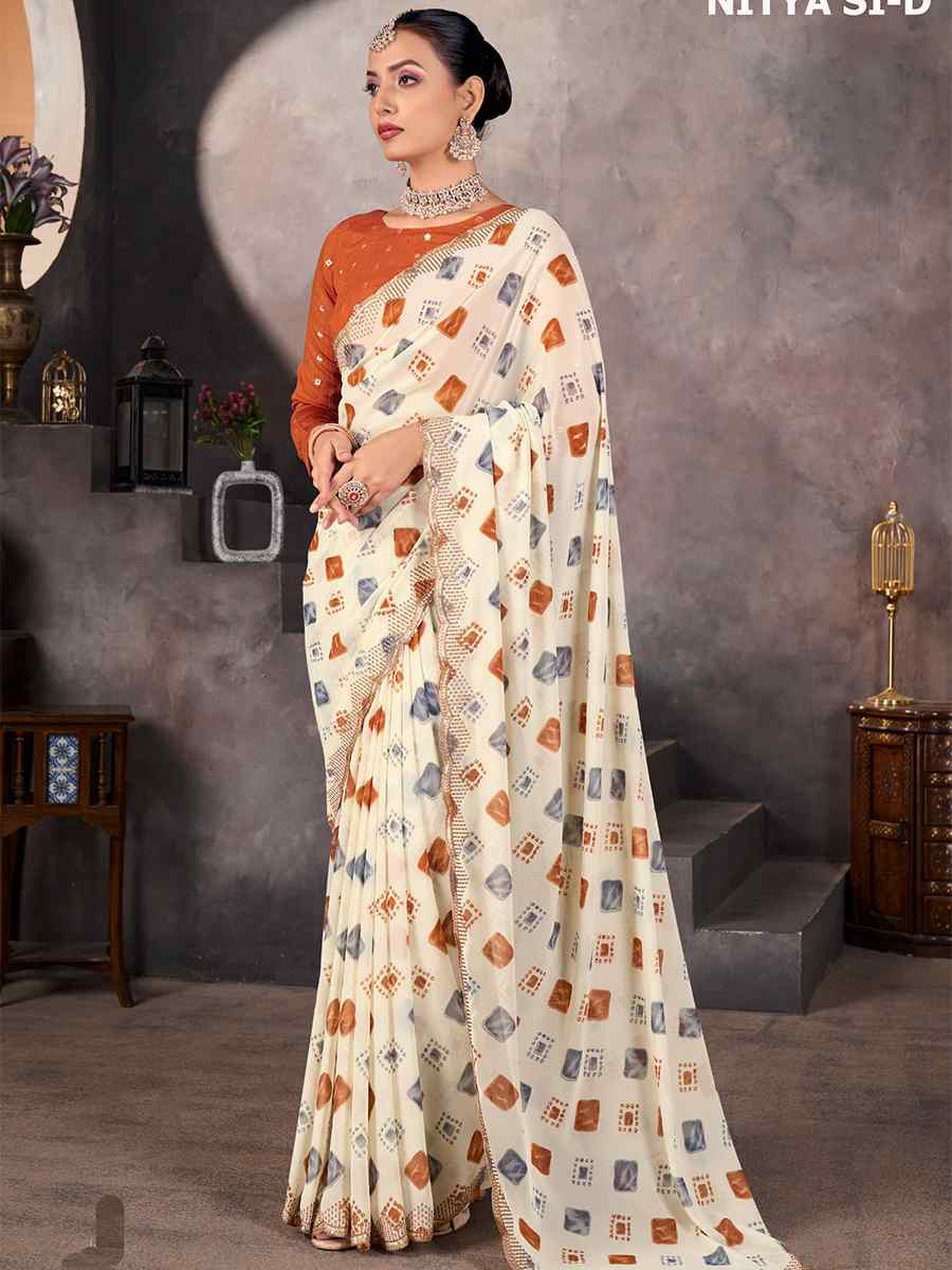 Off-White Georgette Printed with Embroidered Festival Wedding Fancy Heavy Border Saree