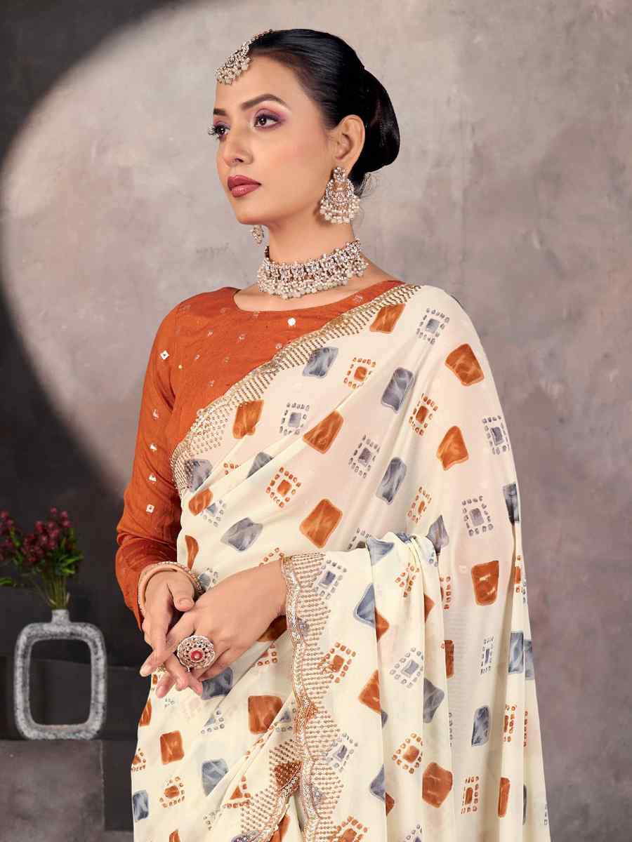 Off-White Georgette Printed with Embroidered Festival Wedding Fancy Heavy Border Saree