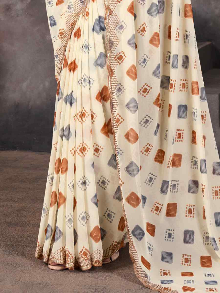 Off-White Georgette Printed with Embroidered Festival Wedding Fancy Heavy Border Saree