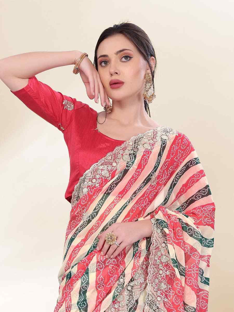Off White Georgette Printed with Embroidered Festival Wedding Fancy Heavy Border Saree