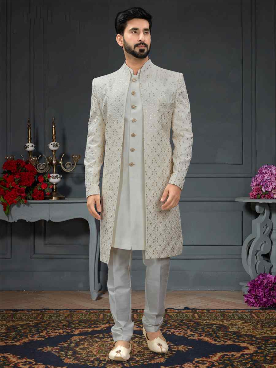 Off White Golden Heavy Imported Silk Woven Groom Wedding Sherwani