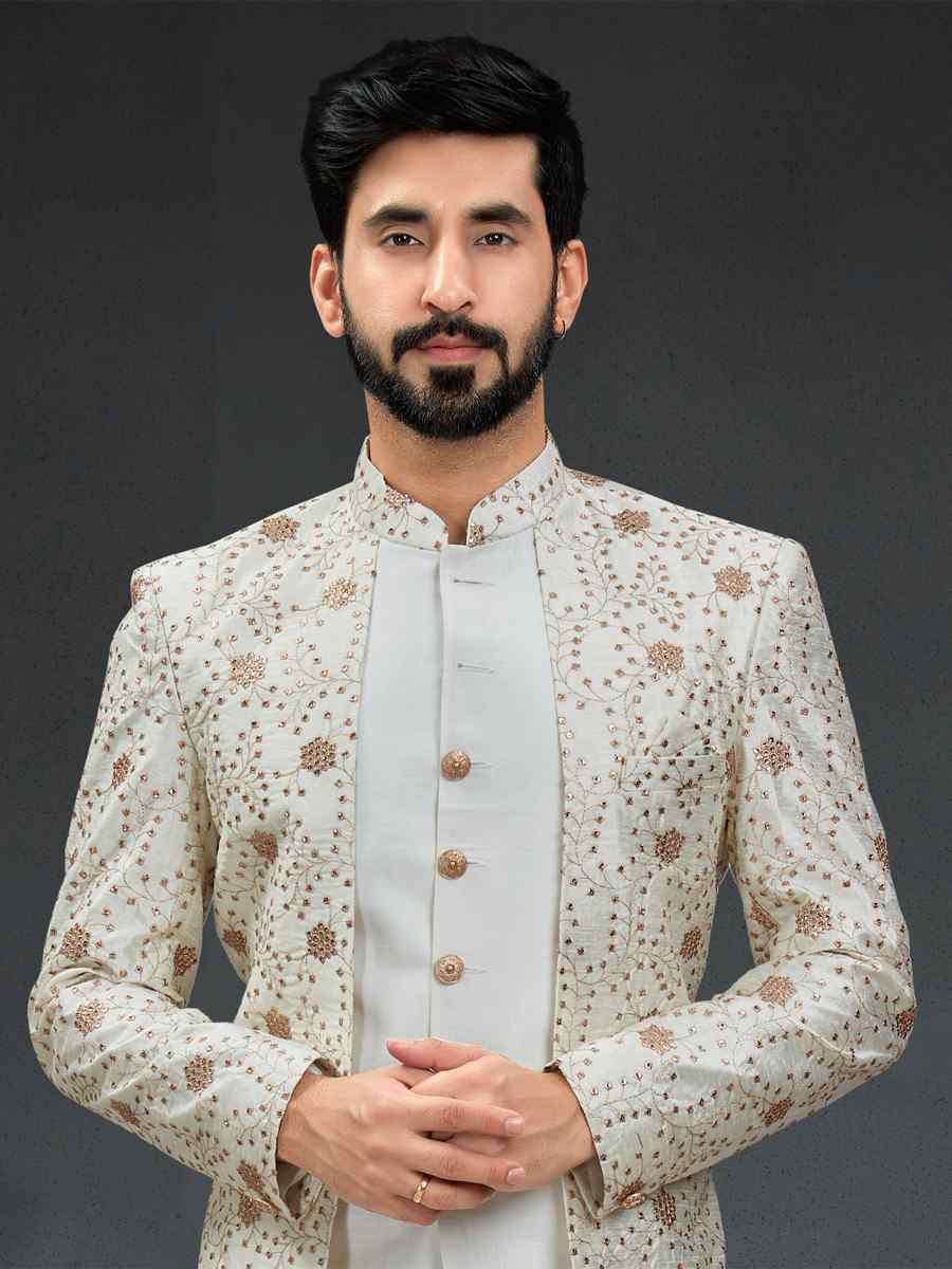 Off White Golden Heavy Imported Silk Woven Groom Wedding Sherwani