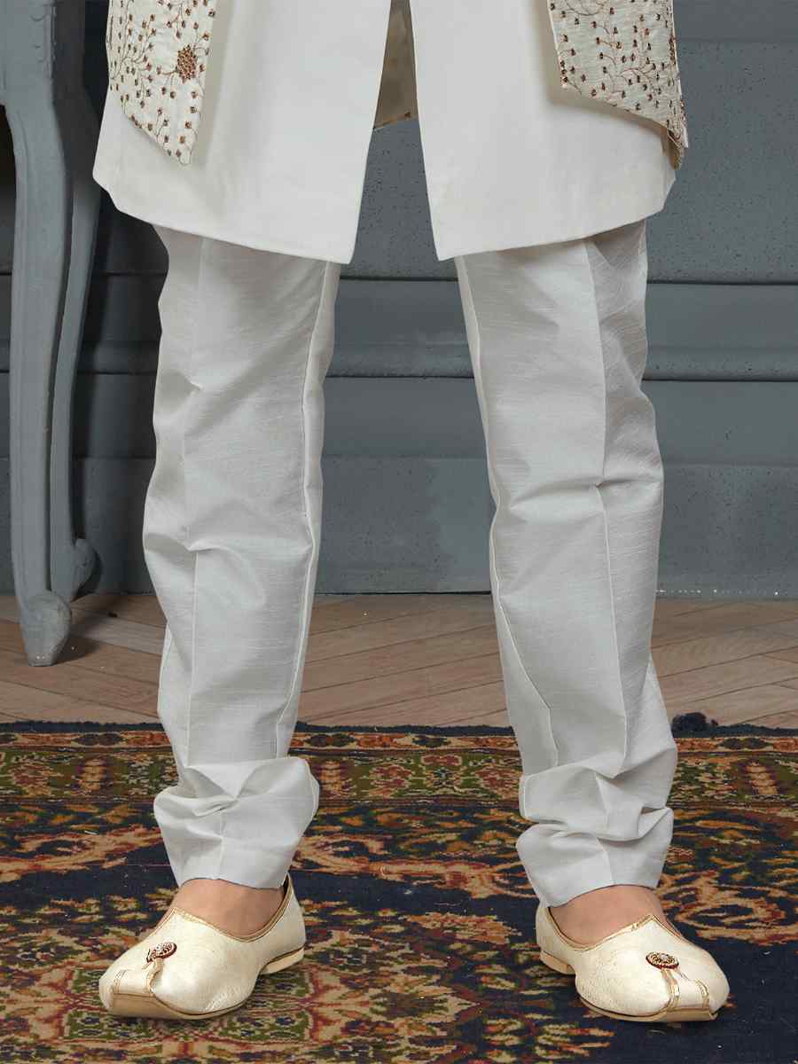 Off White Golden Heavy Imported Silk Woven Groom Wedding Sherwani