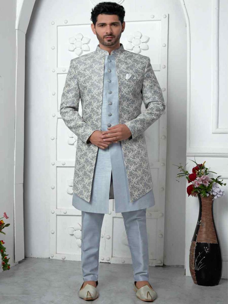 Off White Gray Jacquard Silk Embroidered Groom Wedding Sherwani