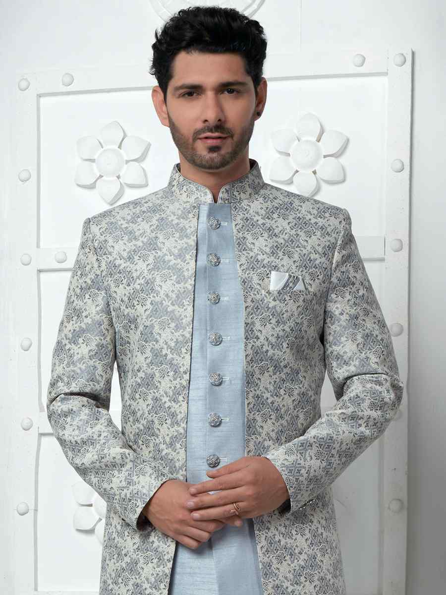 Off White Gray Jacquard Silk Embroidered Groom Wedding Sherwani