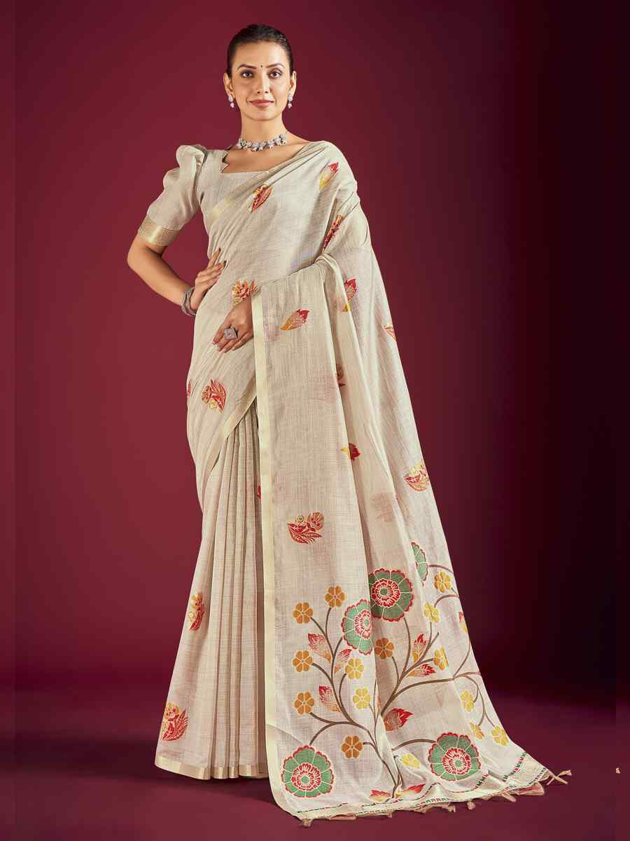 Off-White Handloom Linen Printed Festival Casual Classic Style Saree