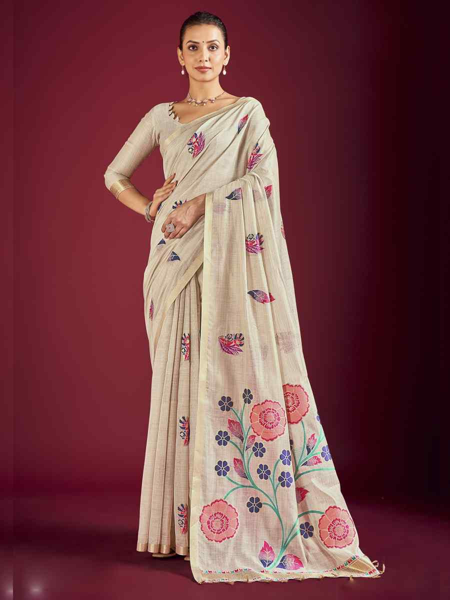 Off-White Handloom Linen Printed Festival Casual Classic Style Saree