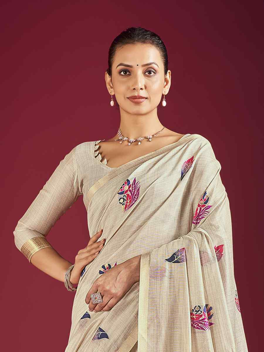 Off-White Handloom Linen Printed Festival Casual Classic Style Saree