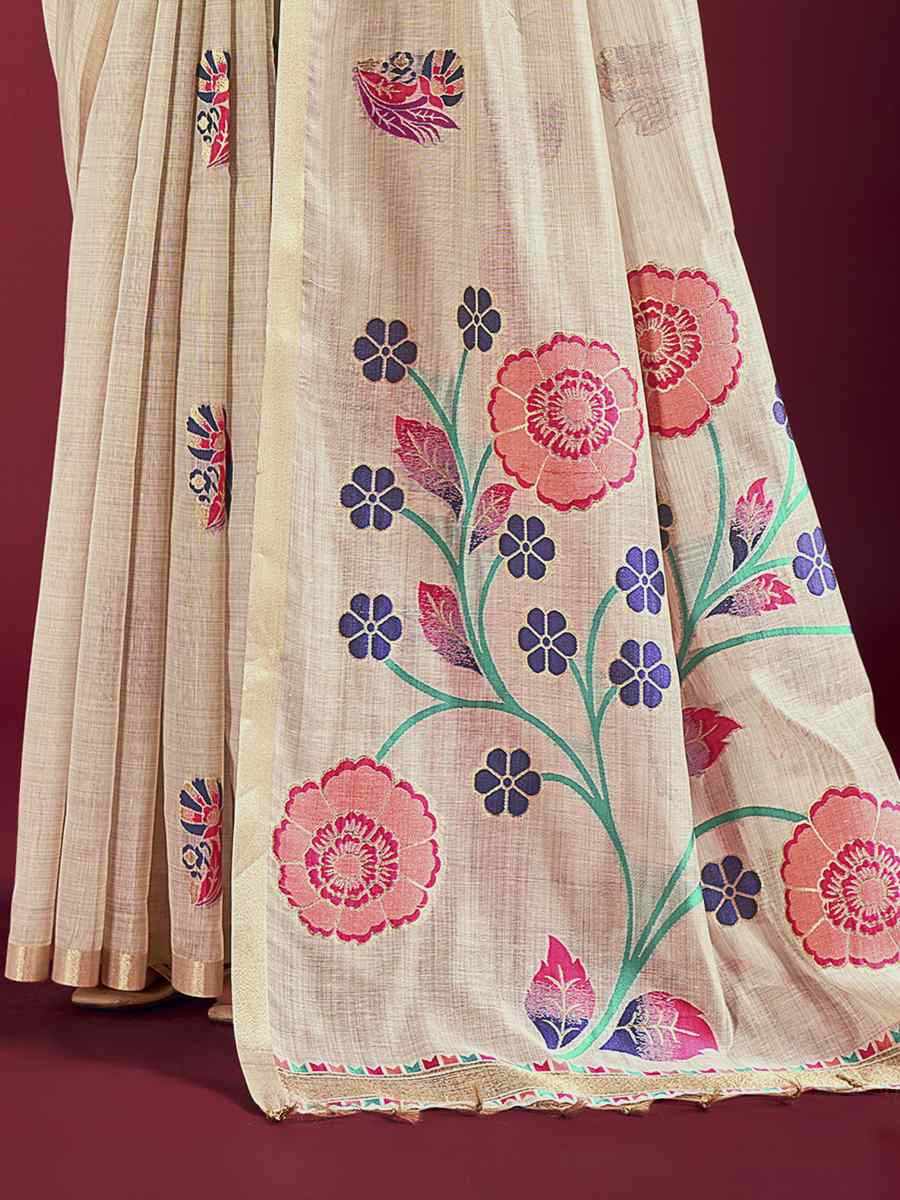Off-White Handloom Linen Printed Festival Casual Classic Style Saree