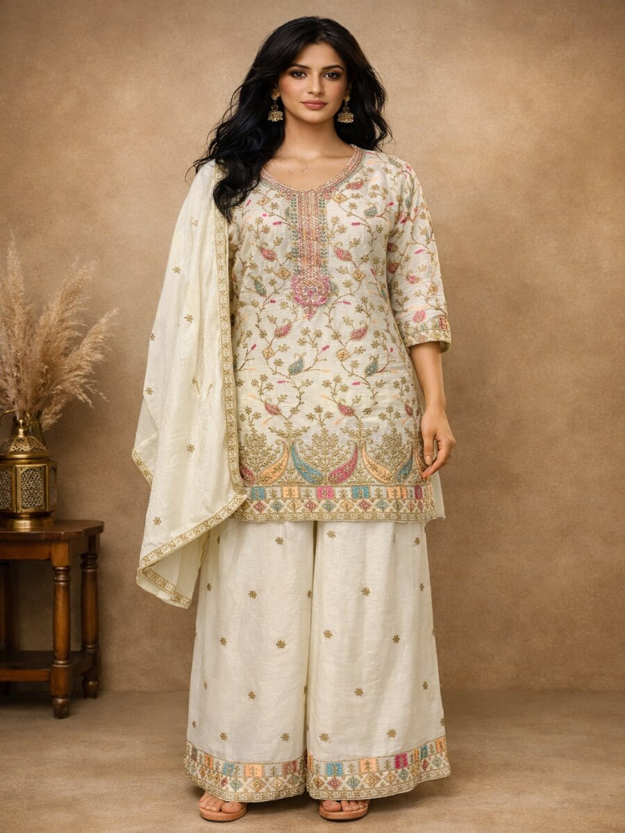 Off White Heavy Airtex Chinon Embroidery Wedding Party Festival Casual Ready Palazzo Pant Salwar Kameez