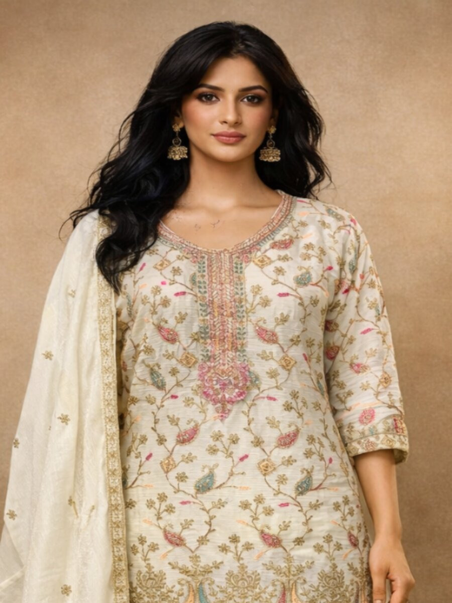 Off White Heavy Airtex Chinon Embroidery Wedding Party Festival Casual Ready Palazzo Pant Salwar Kameez