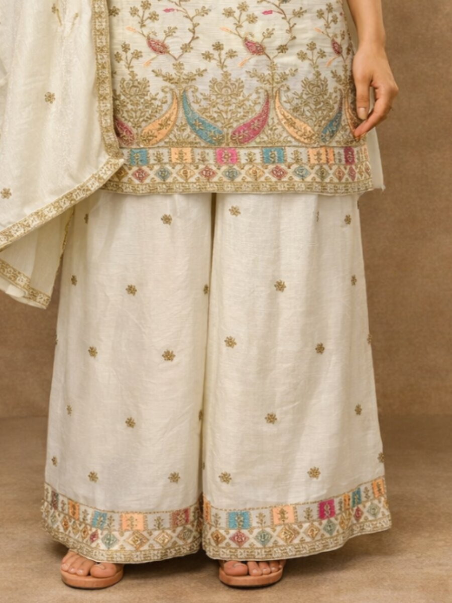 Off White Heavy Airtex Chinon Embroidery Wedding Party Festival Casual Ready Palazzo Pant Salwar Kameez