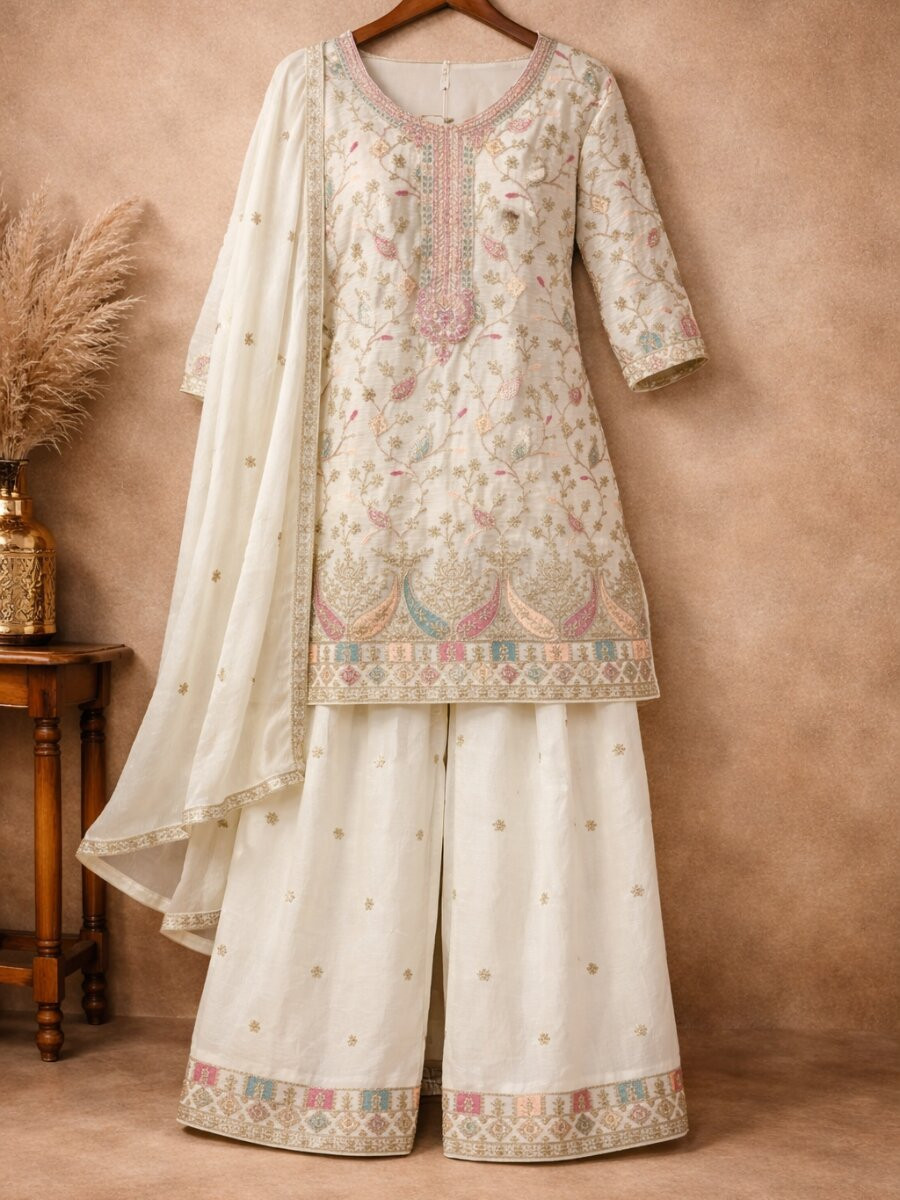 Off White Heavy Airtex Chinon Embroidery Wedding Party Festival Casual Ready Palazzo Pant Salwar Kameez