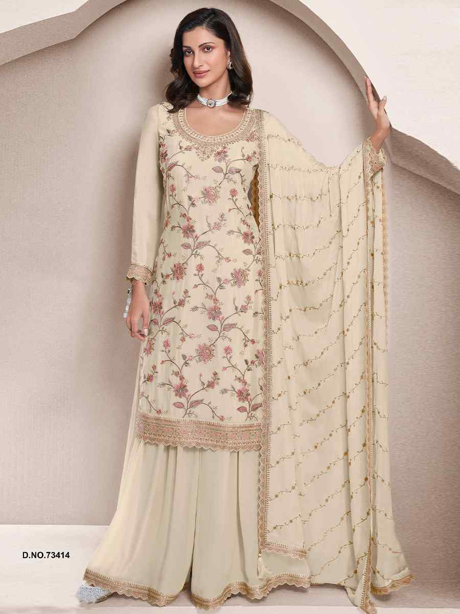 Off-White Heavy Chinon Embroidered Festival Casual Sharara Pant Salwar Kameez
