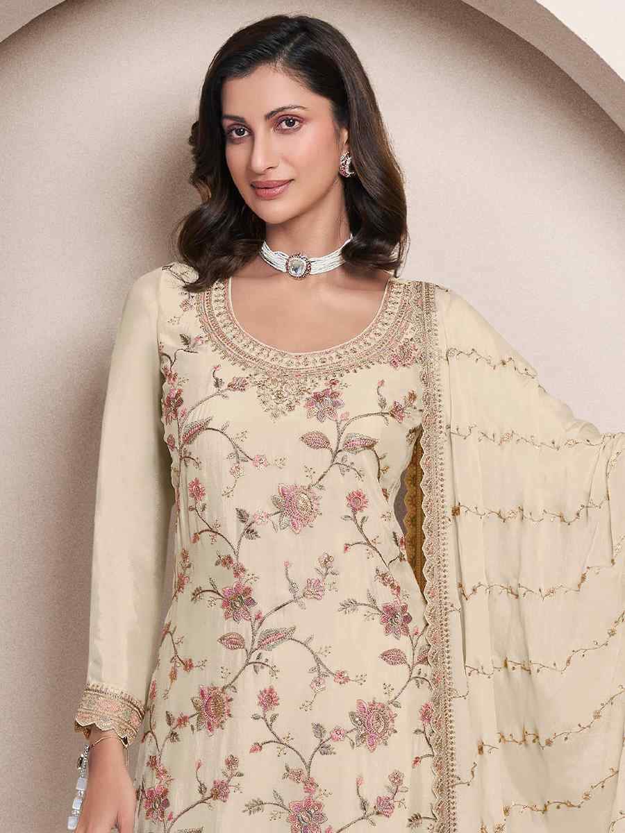 Off-White Heavy Chinon Embroidered Festival Casual Sharara Pant Salwar Kameez